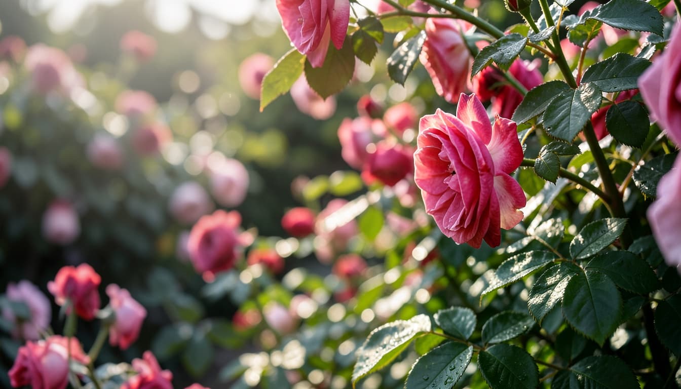 Sunlit pink roses in bloom, dew covering the petals and leaves