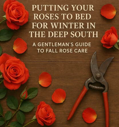 "Putting Your Roses to Bed for Winter in the Deep South: A Gentleman's Guide to Fall Rose Care" title card with pruners and orange roses